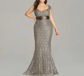 Plus size Elegant glitter lace detail mermaid prom dance party gown dress