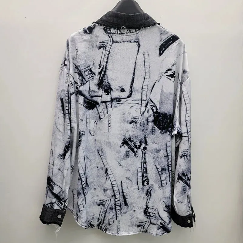 Pre Order:  Loose Denim Splice Tie Dye Casual Shirt
