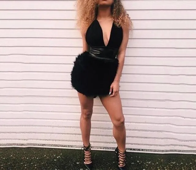 "London" fur detail halter dress