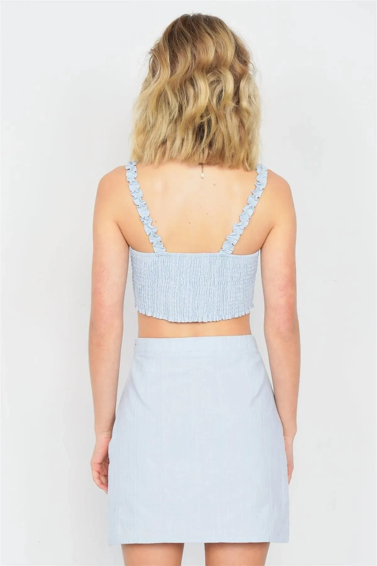 Sky Blue Crop Front Knot & Mini Skirt Set /3-2-1