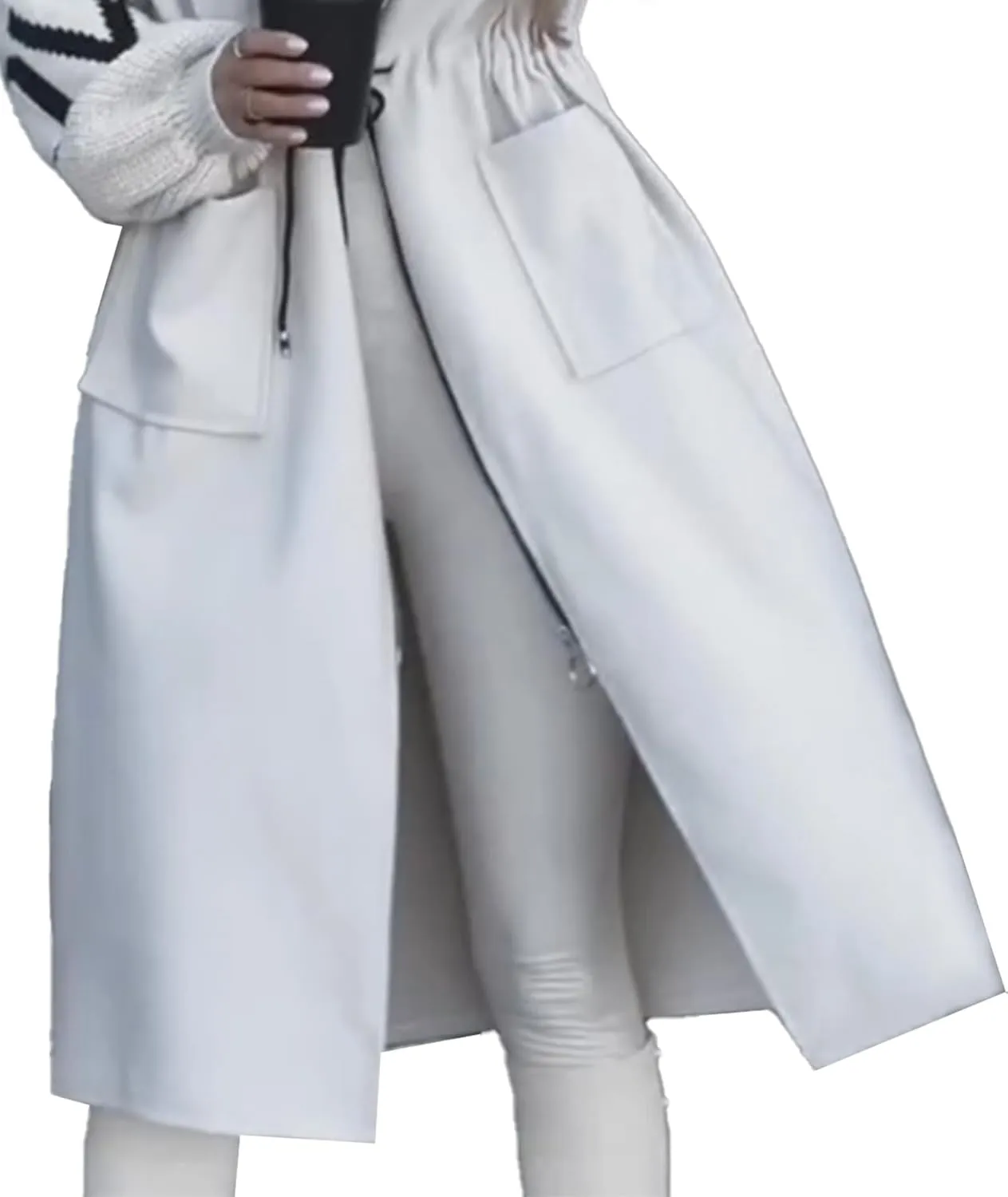 SOMTHRON Women's Hooded Trench Coat Knitted Long Sleeve Zip Up Oversized Jacket Casual Drawstring Waist Overcoat