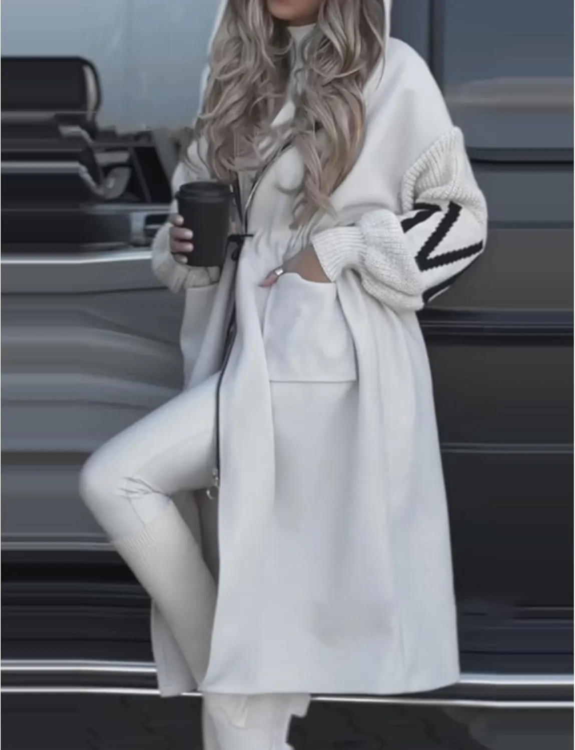 SOMTHRON Women's Hooded Trench Coat Knitted Long Sleeve Zip Up Oversized Jacket Casual Drawstring Waist Overcoat