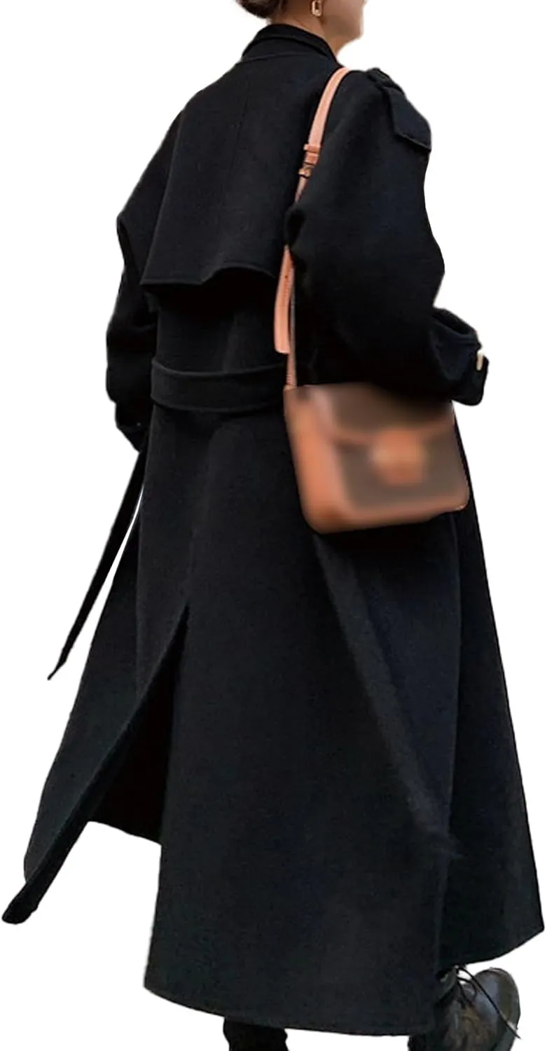 SOMTHRON Women's Winter Trench Coat Wool Blend Double Breasted Notched Lapel Long Sleeve Jacket Pea Coat Overcoat