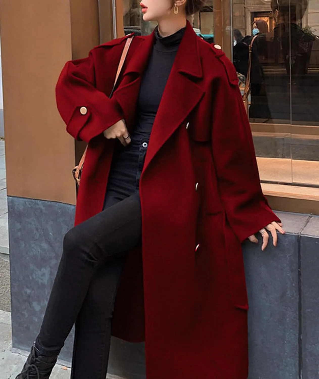 SOMTHRON Women's Winter Trench Coat Wool Blend Double Breasted Notched Lapel Long Sleeve Jacket Pea Coat Overcoat