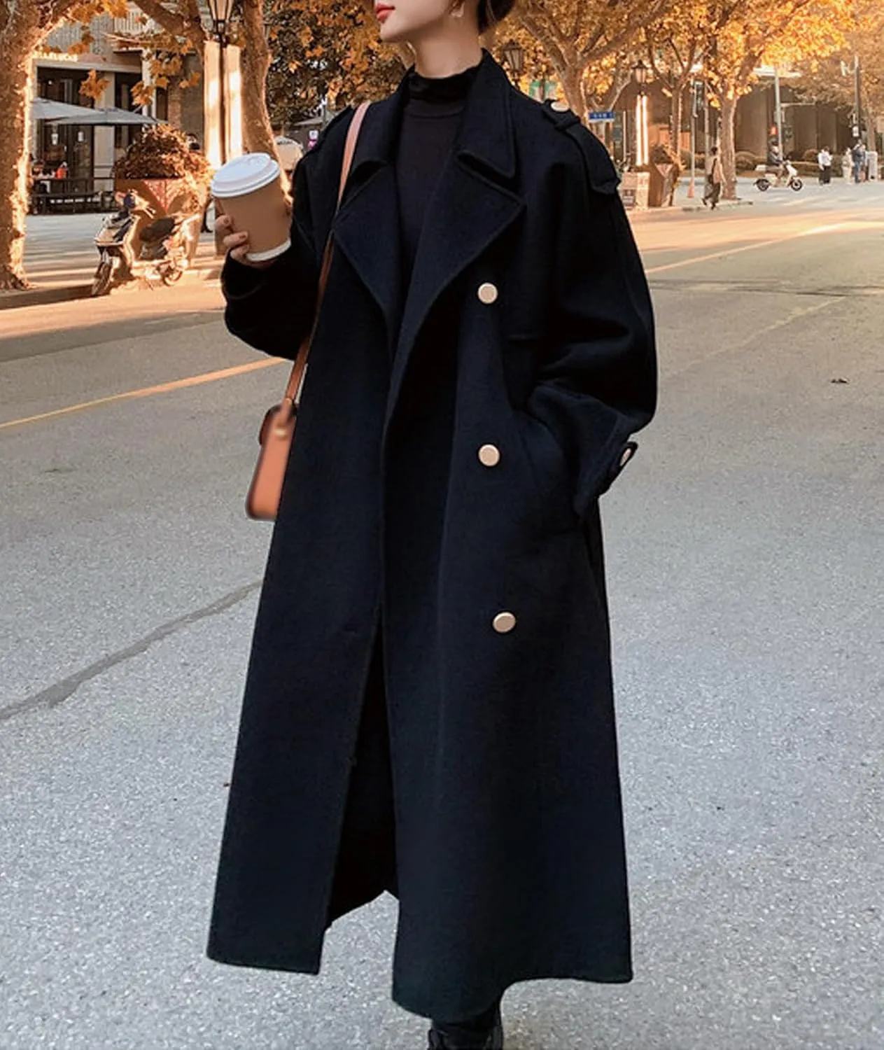 SOMTHRON Women's Winter Trench Coat Wool Blend Double Breasted Notched Lapel Long Sleeve Jacket Pea Coat Overcoat