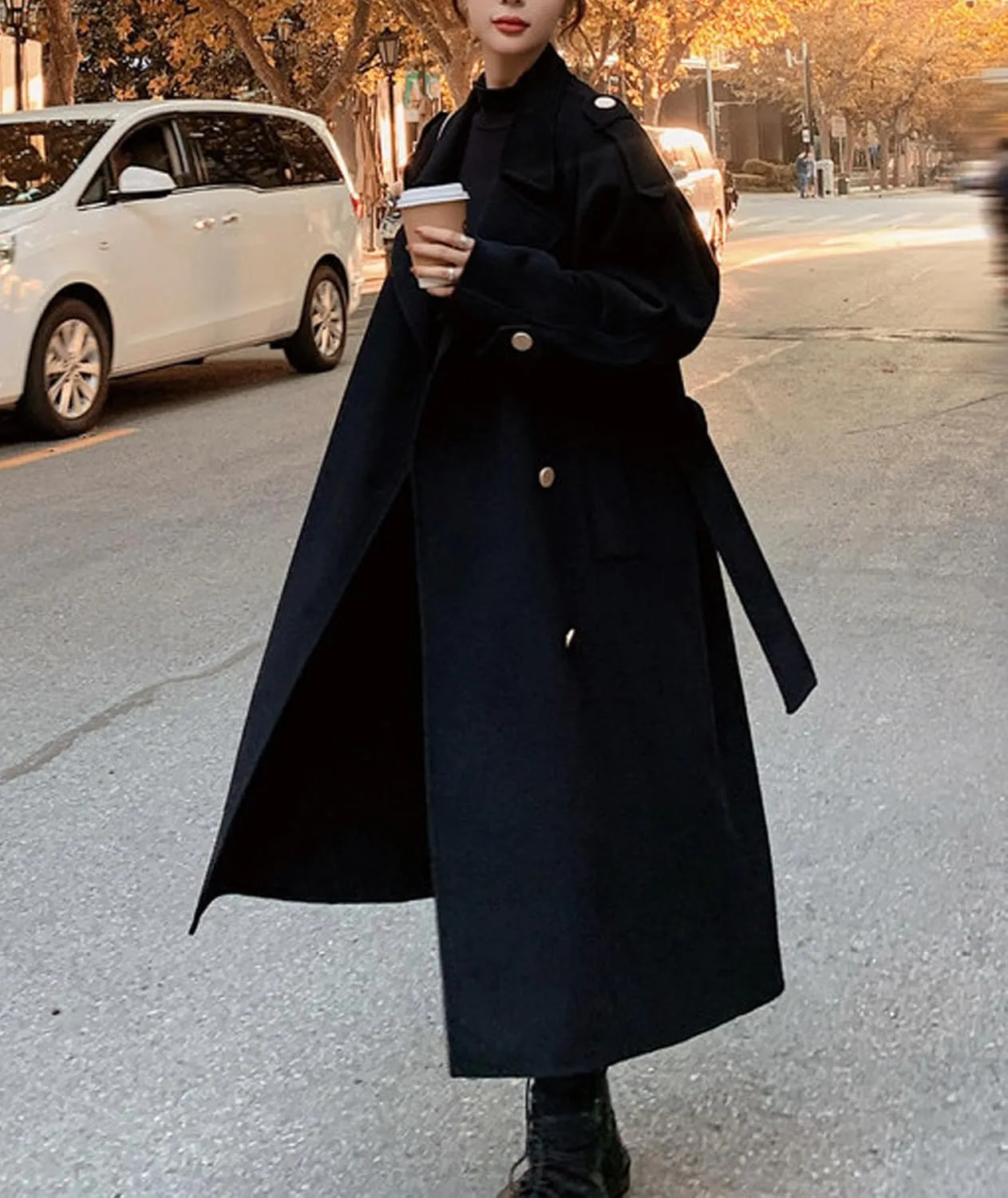 SOMTHRON Women's Winter Trench Coat Wool Blend Double Breasted Notched Lapel Long Sleeve Jacket Pea Coat Overcoat