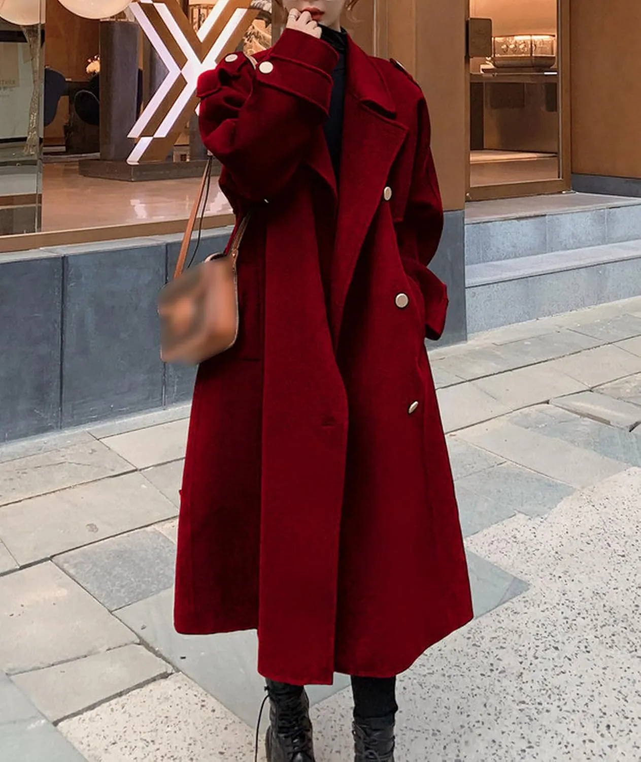 SOMTHRON Women's Winter Trench Coat Wool Blend Double Breasted Notched Lapel Long Sleeve Jacket Pea Coat Overcoat