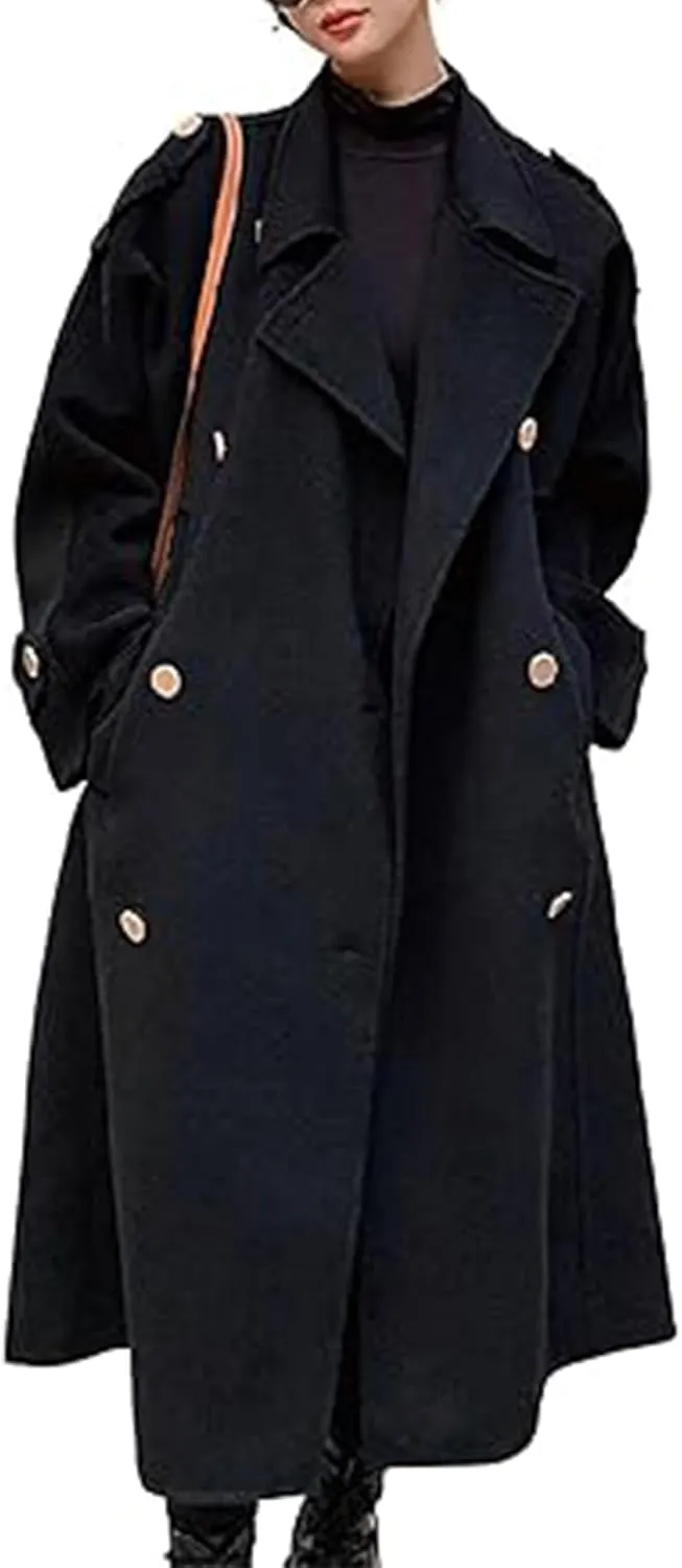 SOMTHRON Women's Winter Trench Coat Wool Blend Double Breasted Notched Lapel Long Sleeve Jacket Pea Coat Overcoat