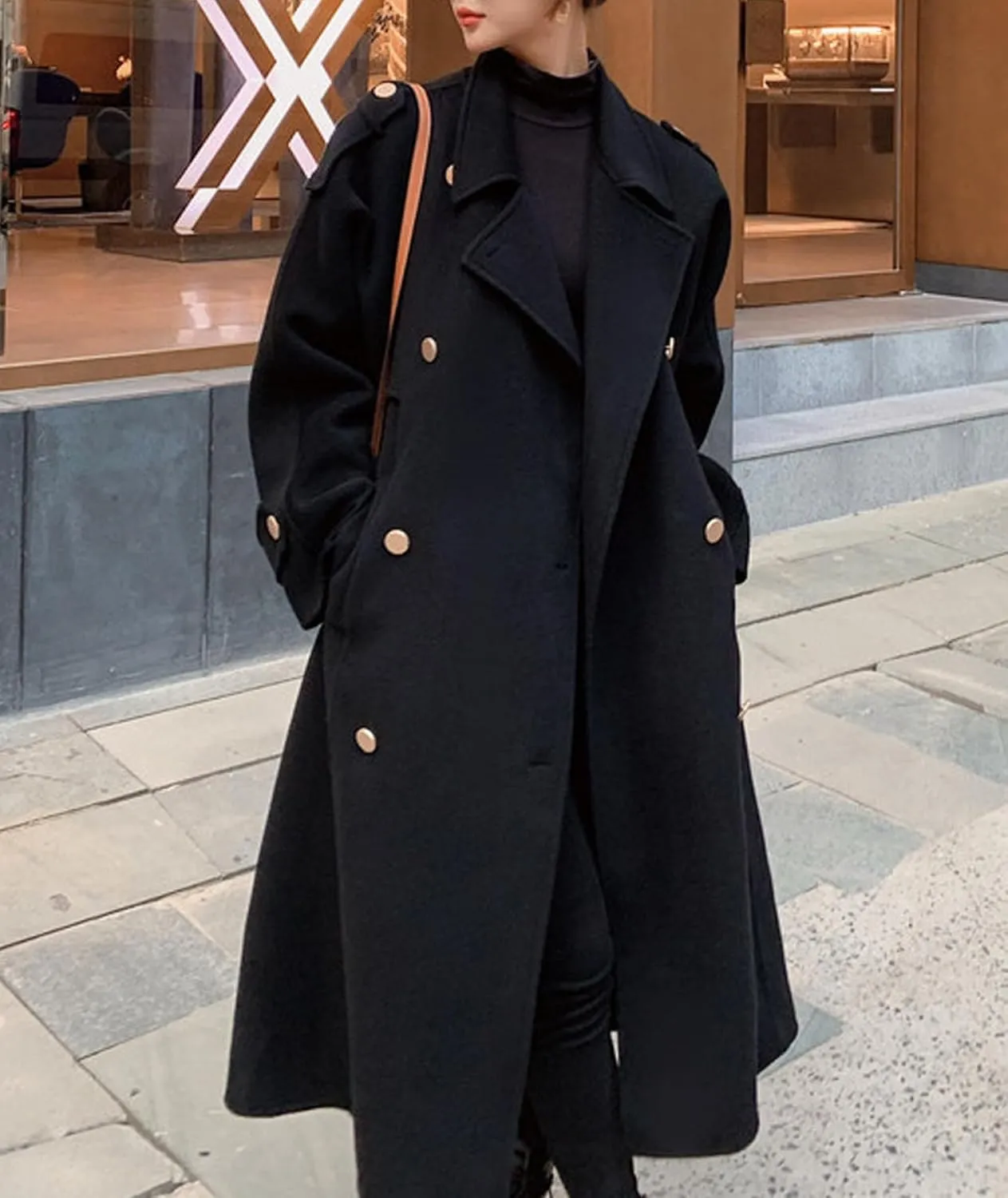 SOMTHRON Women's Winter Trench Coat Wool Blend Double Breasted Notched Lapel Long Sleeve Jacket Pea Coat Overcoat