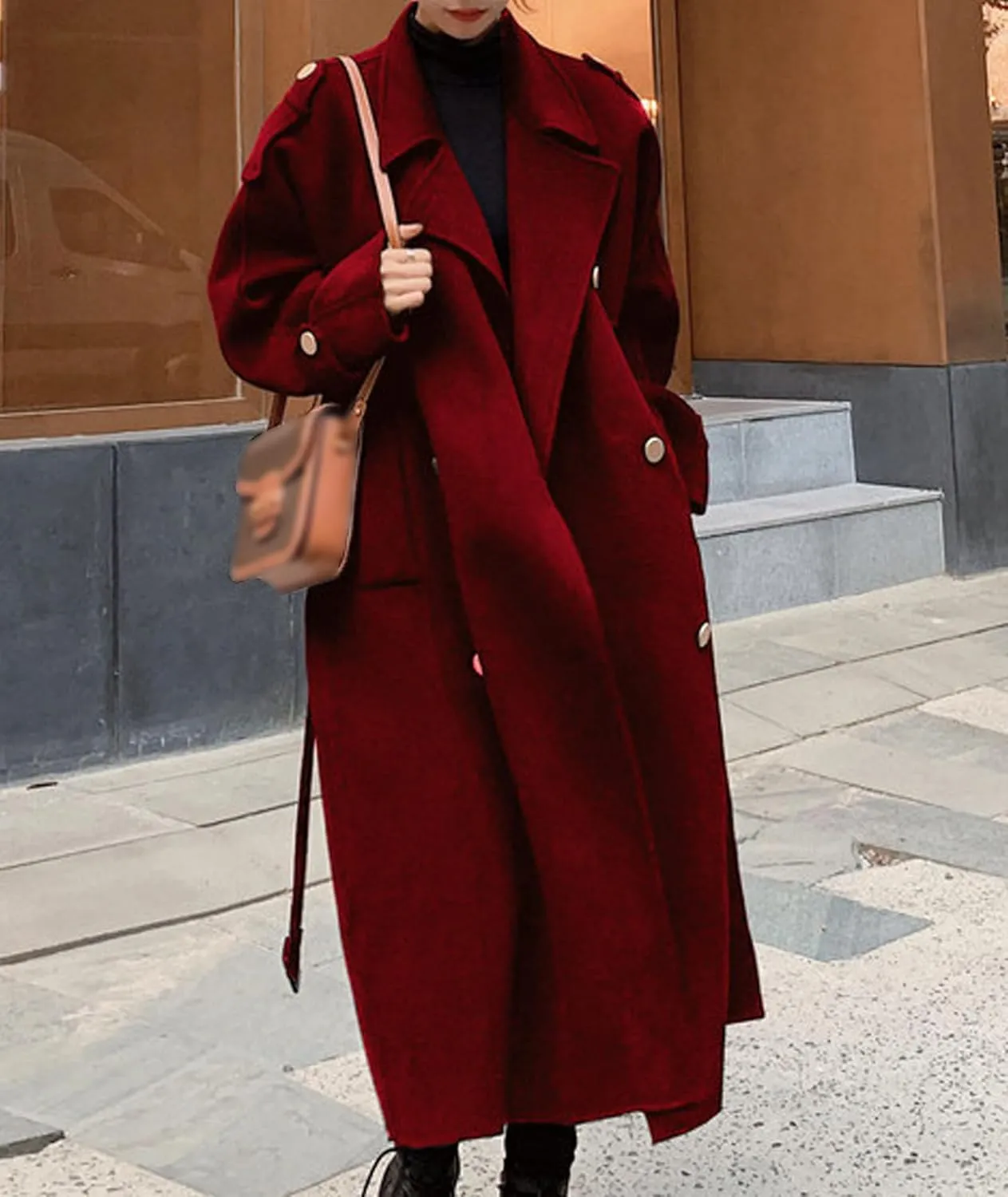 SOMTHRON Women's Winter Trench Coat Wool Blend Double Breasted Notched Lapel Long Sleeve Jacket Pea Coat Overcoat