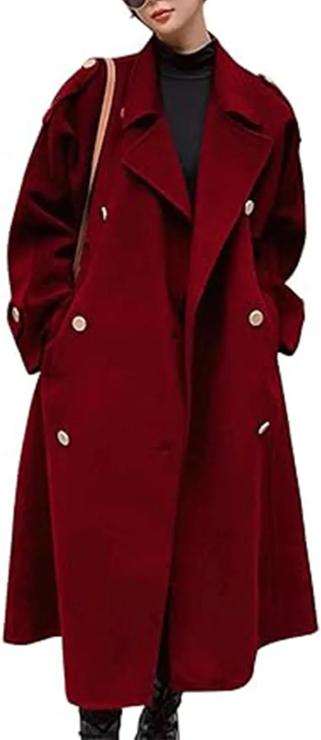 SOMTHRON Women's Winter Trench Coat Wool Blend Double Breasted Notched Lapel Long Sleeve Jacket Pea Coat Overcoat