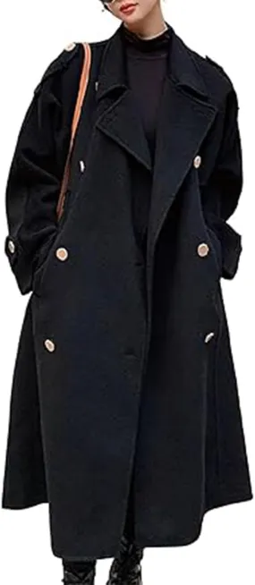 SOMTHRON Women's Winter Trench Coat Wool Blend Double Breasted Notched Lapel Long Sleeve Jacket Pea Coat Overcoat