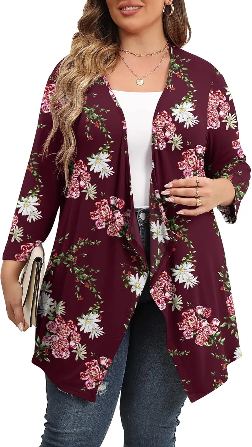 TIANZHU Women Cardigan Lightweight 3/4 Sleeve Casual Open Front Light Cardigan Drape Duster Sweaters