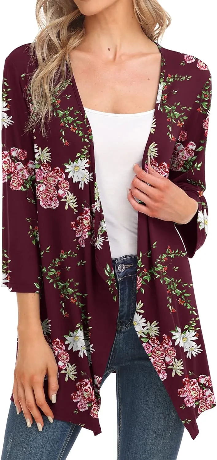 TIANZHU Women Cardigan Lightweight 3/4 Sleeve Casual Open Front Light Cardigan Drape Duster Sweaters