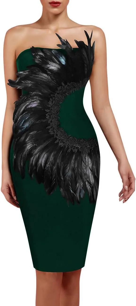 UONBOX Women's Elegant Strapless Feather Fashion Bodycon Bandage Tube Dress