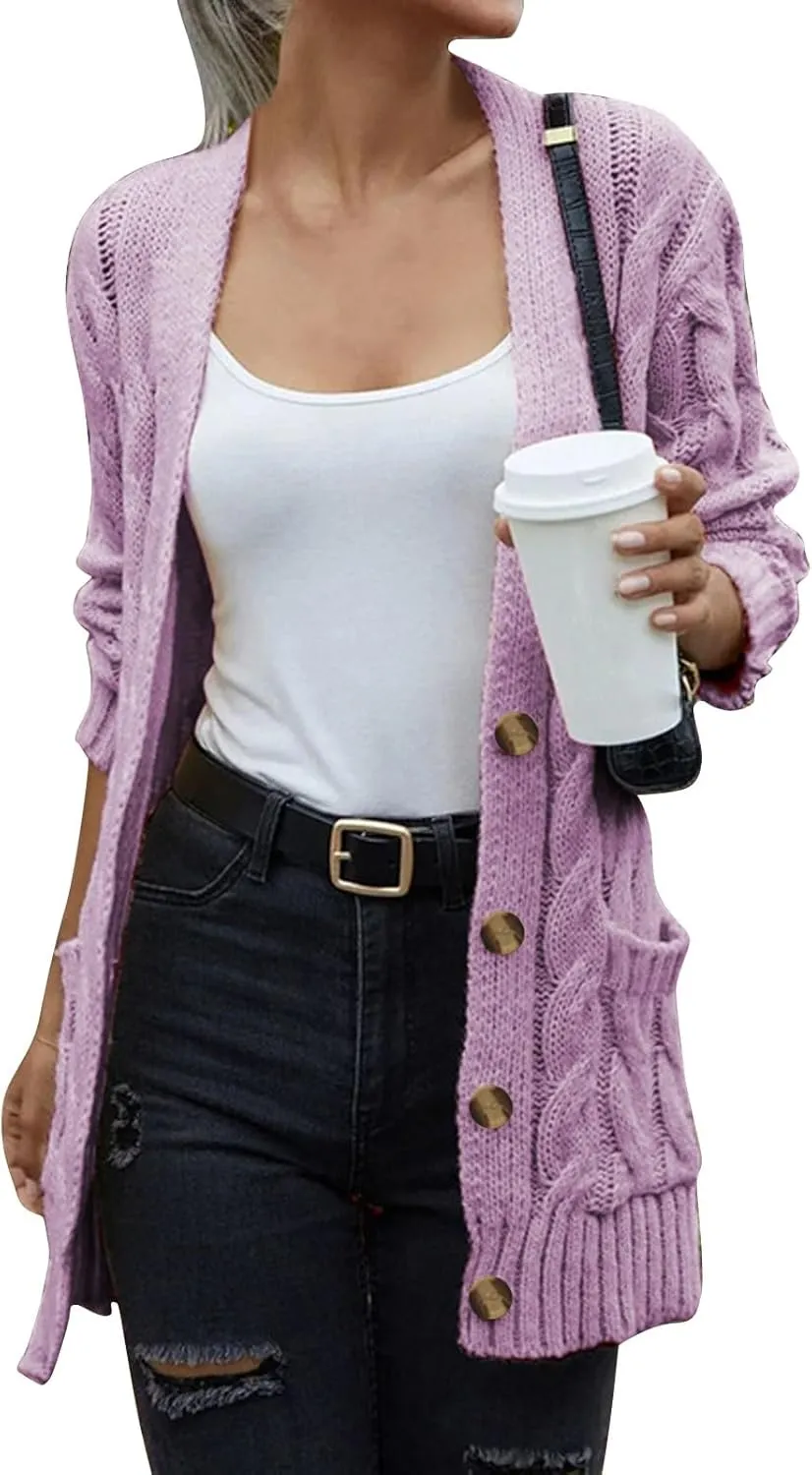 Woman Cardigan Long Cardigans for Women 2024 Fall Winter Fashion Chunky Knit Open Front Button Sweaters Outwear Coats with Pockets Light Purple Medium