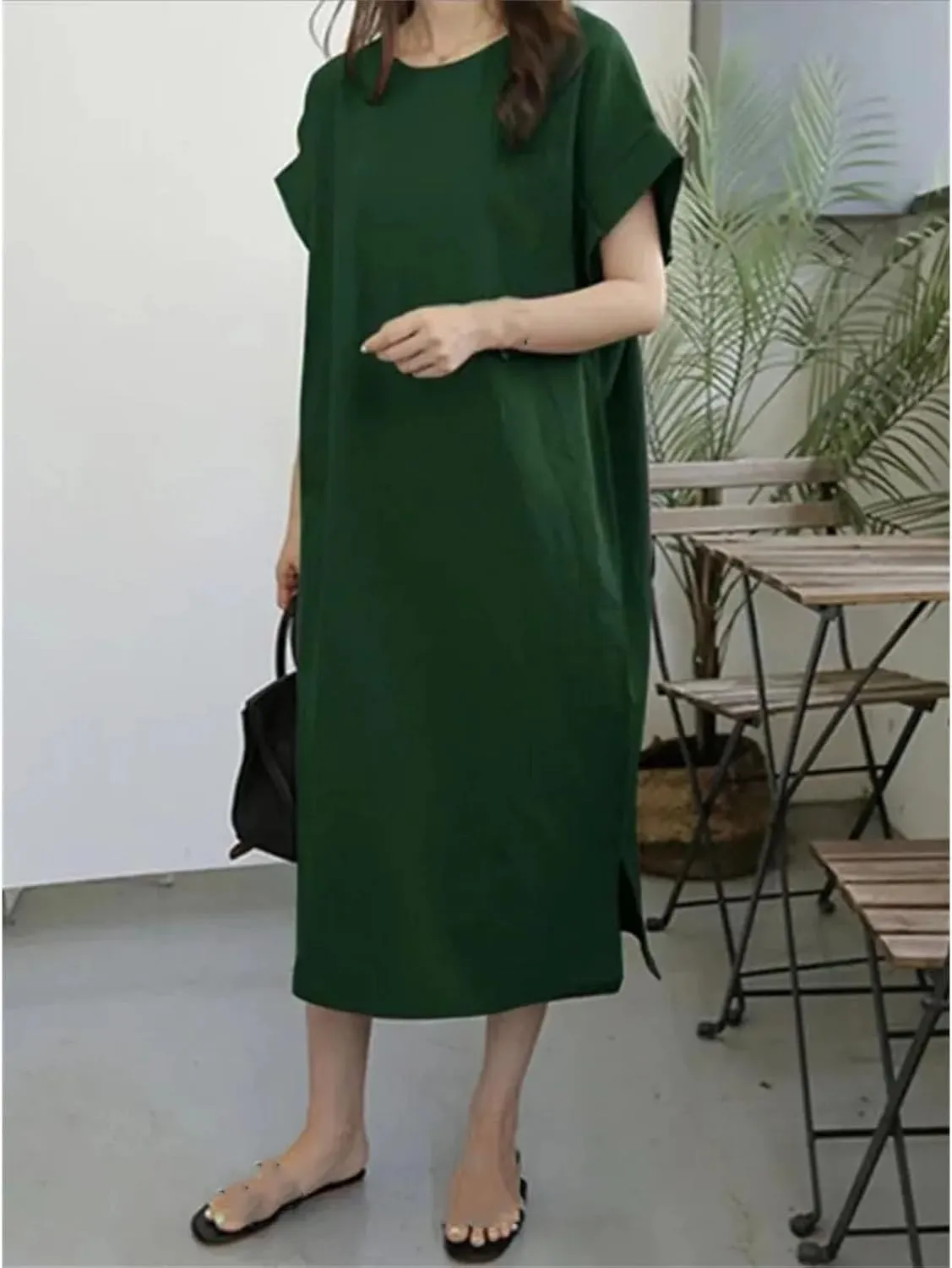 Women Casual Sleeveless Linen Dress Solid Color Women's Dress Comfortable Round Neck Short Sleeved Split Linen Dress