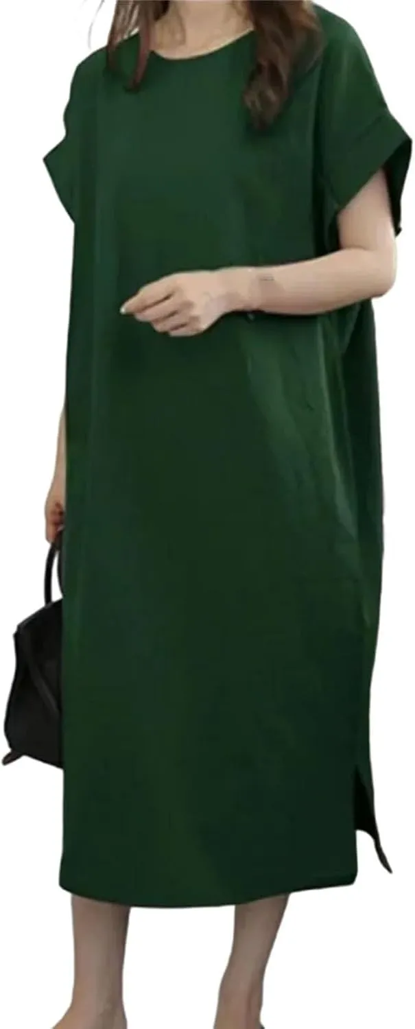 Women Casual Sleeveless Linen Dress Solid Color Women's Dress Comfortable Round Neck Short Sleeved Split Linen Dress