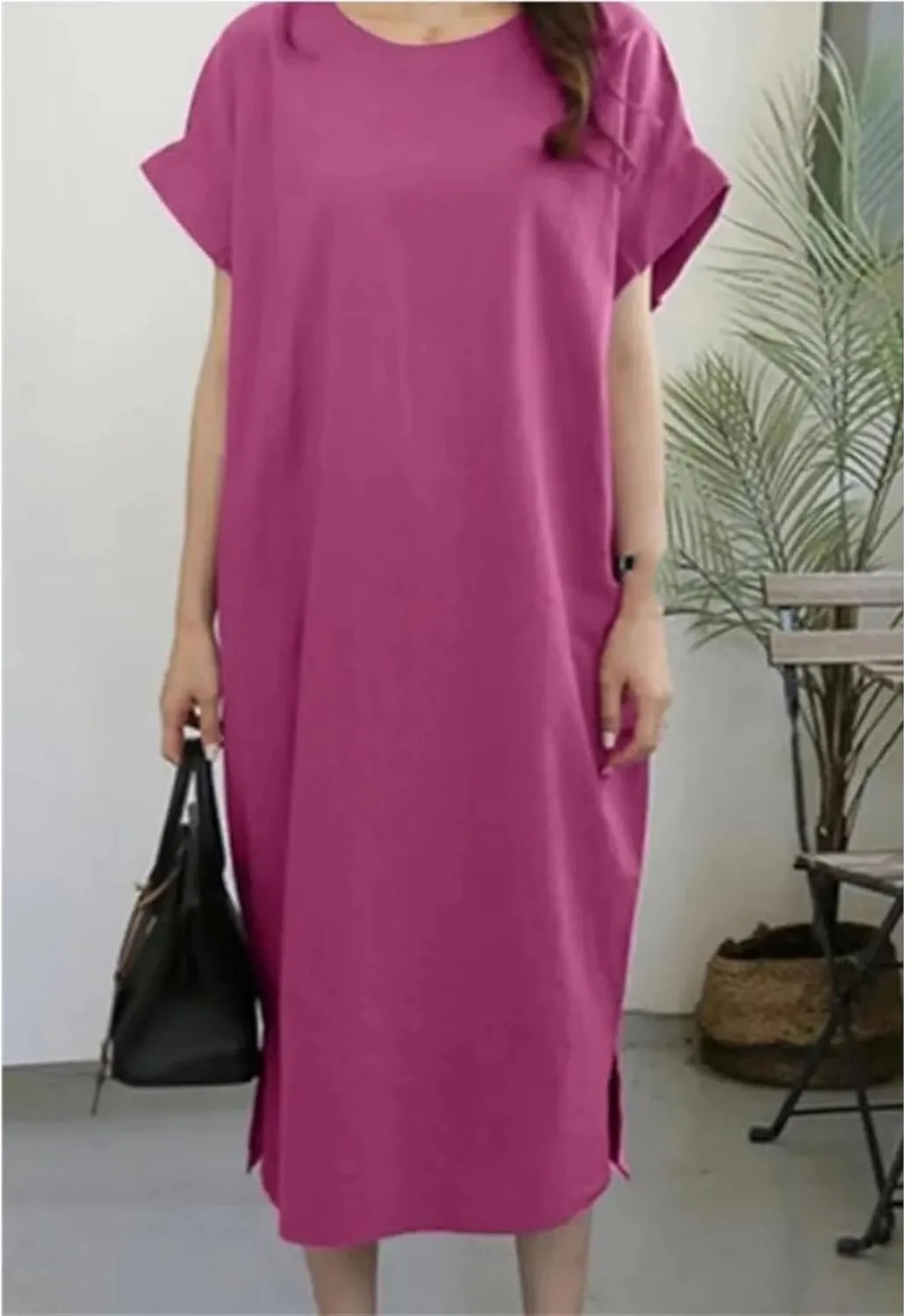 Women Casual Sleeveless Linen Dress Solid Color Women's Dress Comfortable Round Neck Short Sleeved Split Linen Dress