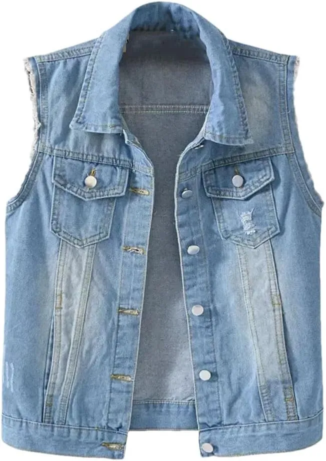 Women Denim Vest With Pockets Plus Size Sleeveless Denim Jacket Vintage Casual Waistcoats