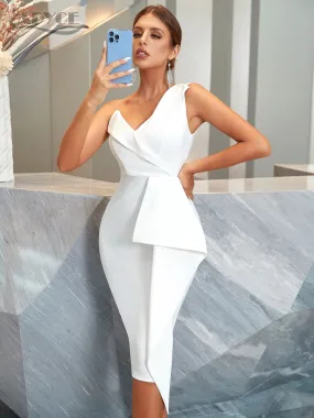 Women Elegant White Sleeveless V Neck One Shoulder Ruffles Dress