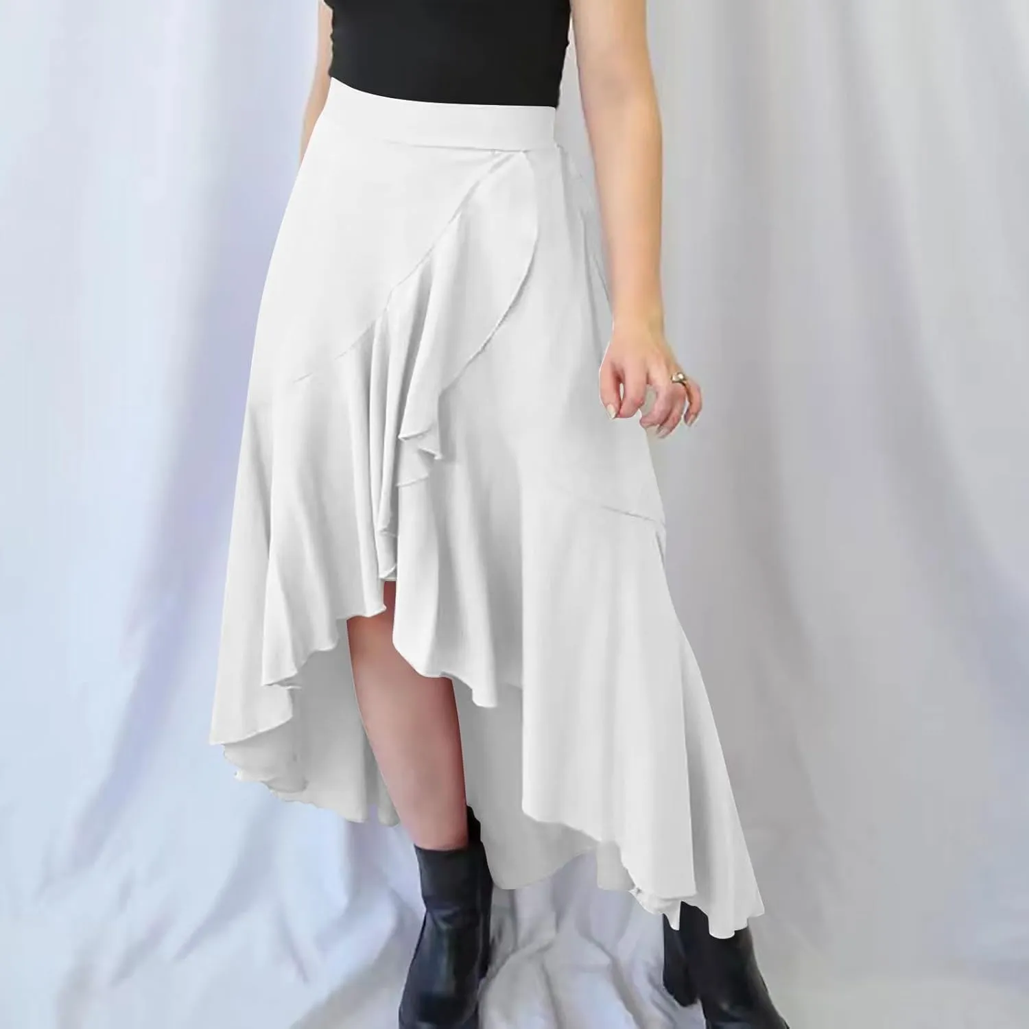 Women Slit Ruffle Skirts High Waist Low Half Dress Solid Dressy Casual Midi Length Boho Skirt Vacation Outfits
