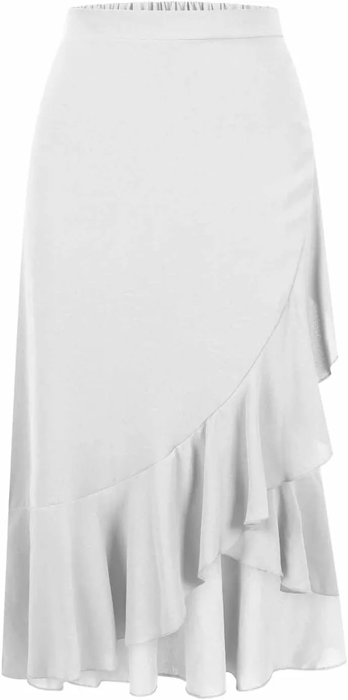 Women Slit Ruffle Skirts High Waist Low Half Dress Solid Dressy Casual Midi Length Boho Skirt Vacation Outfits