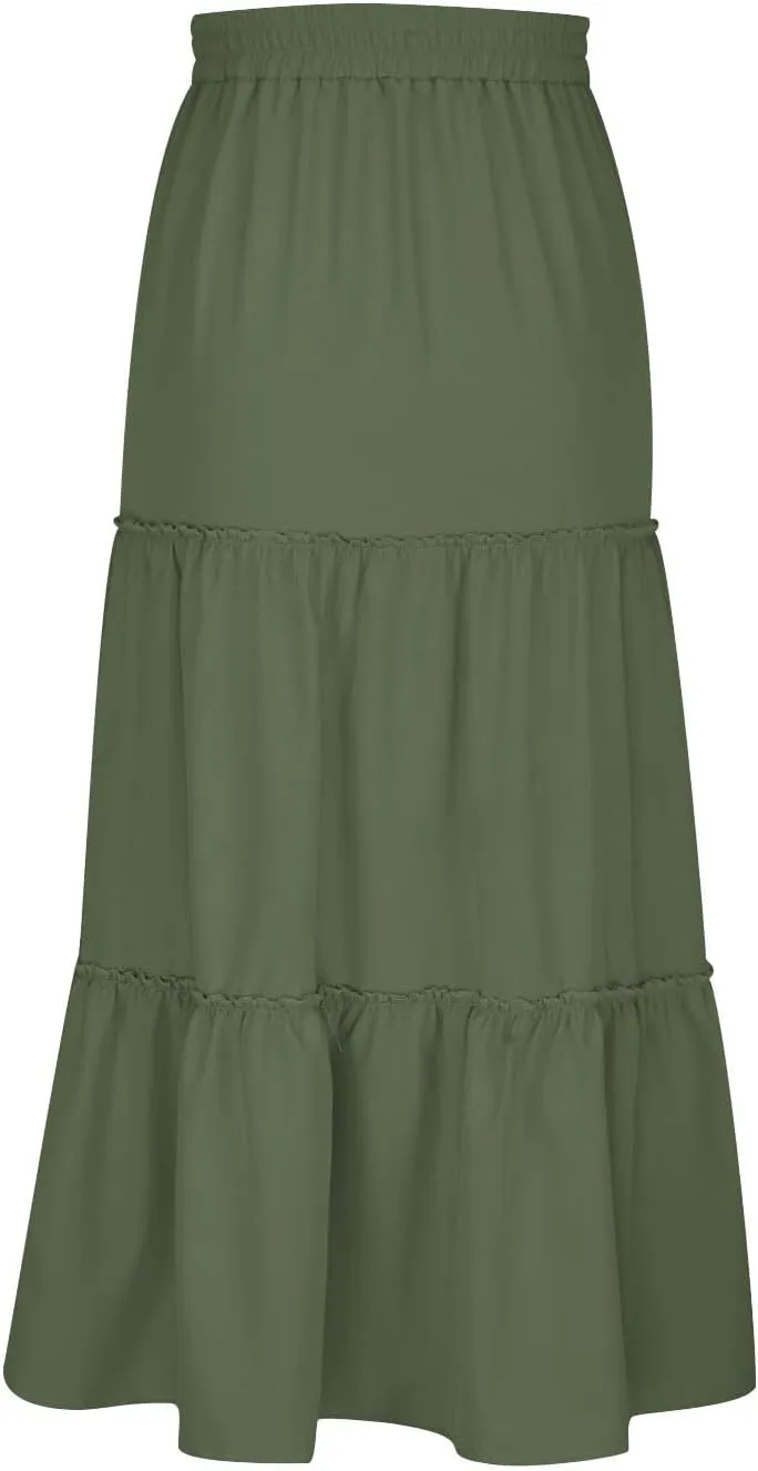 Womens Boho Maxi Skirt Elastic Waist A Line Ruffle Long Skirts Trendy Beach Midi Tiered Swing Skirts Flowy Skirt