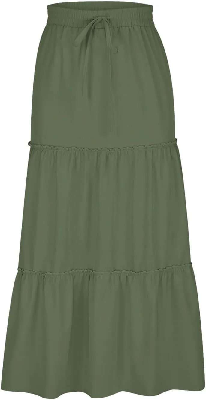Womens Boho Maxi Skirt Elastic Waist A Line Ruffle Long Skirts Trendy Beach Midi Tiered Swing Skirts Flowy Skirt