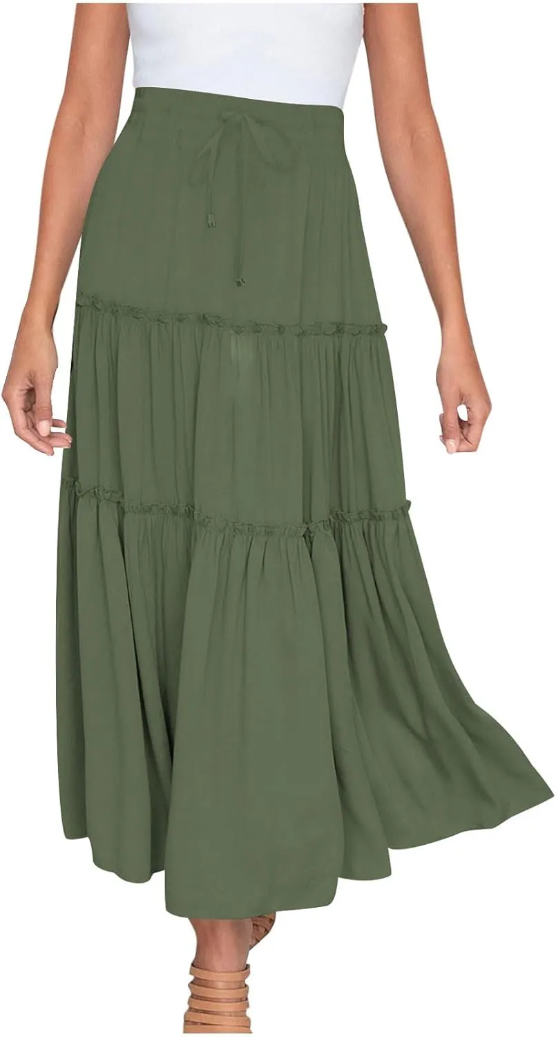 Womens Boho Maxi Skirt Elastic Waist A Line Ruffle Long Skirts Trendy Beach Midi Tiered Swing Skirts Flowy Skirt