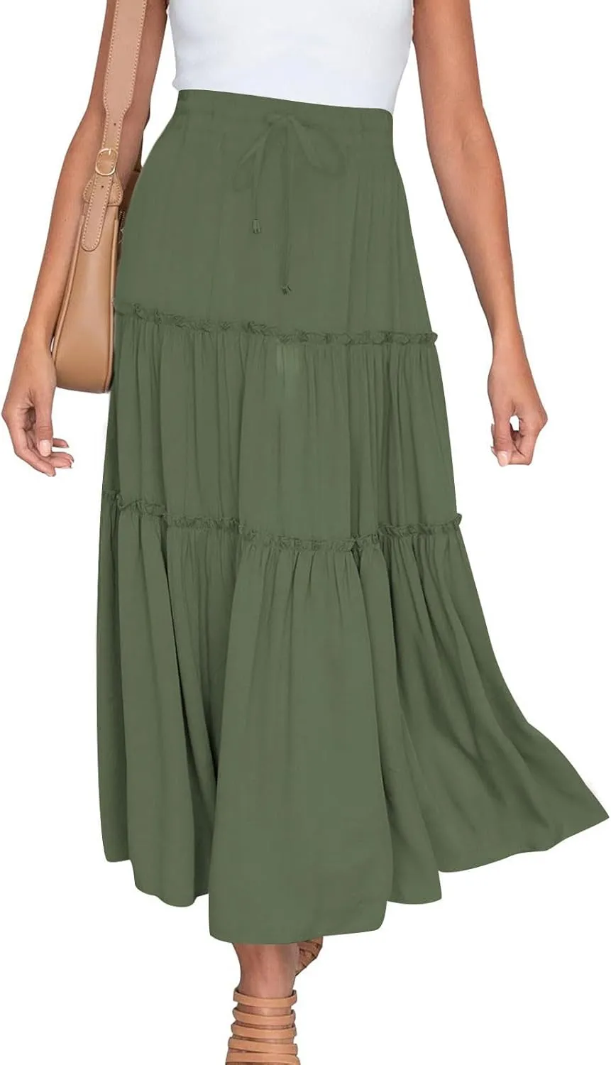 Womens Boho Maxi Skirt Elastic Waist A Line Ruffle Long Skirts Trendy Beach Midi Tiered Swing Skirts Flowy Skirt