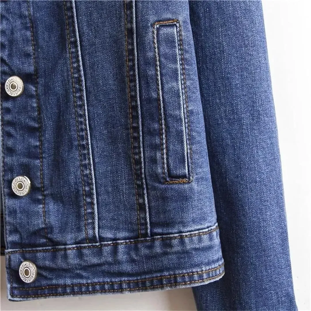 Women's Casual Denim Jacket Long-Sleeved Single-Breasted Short Jeans Jacket