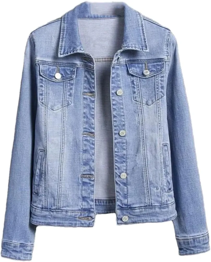 Women's Casual Denim Jacket Long-Sleeved Single-Breasted Short Jeans Jacket