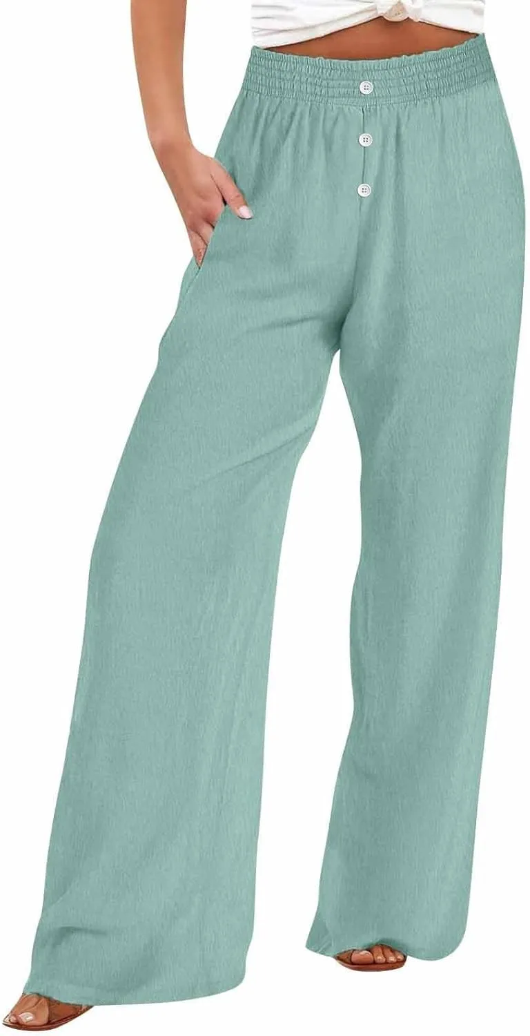 Womens Casual Loose Cotton Linen Trousers High Waisted Elastic Button Pant Wide Leg Daily Comfortable Pant