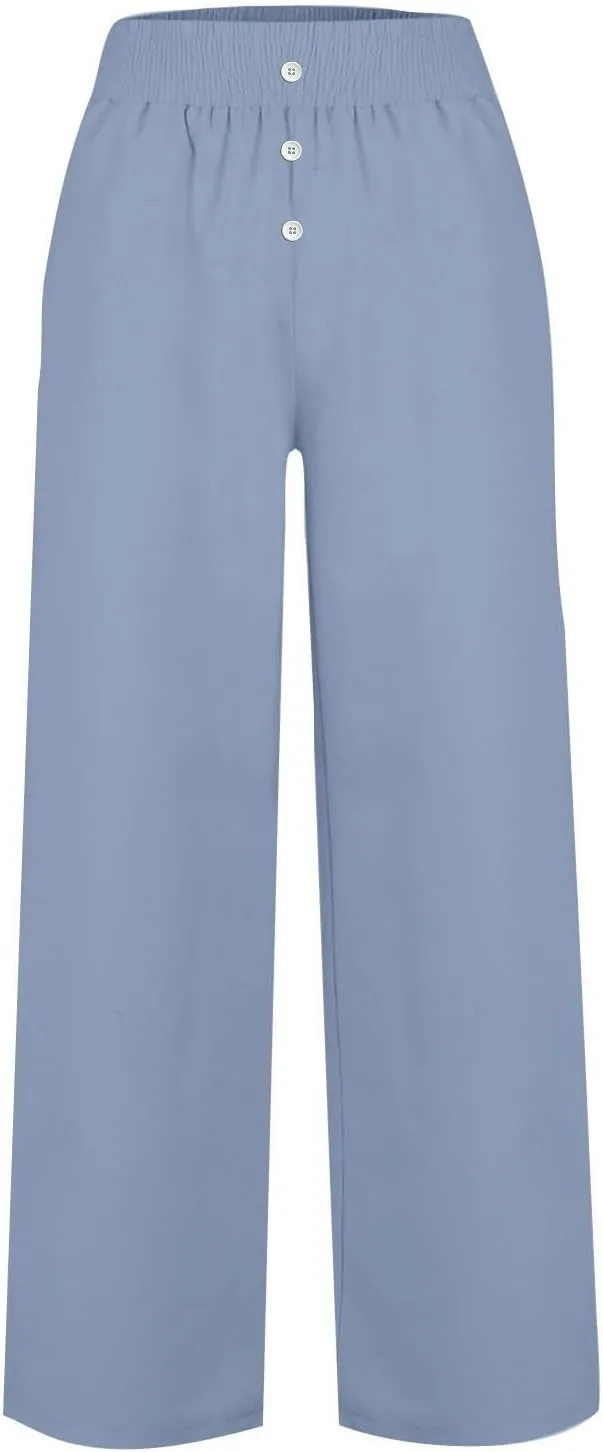 Womens Casual Loose Cotton Linen Trousers High Waisted Elastic Button Pant Wide Leg Daily Comfortable Pant