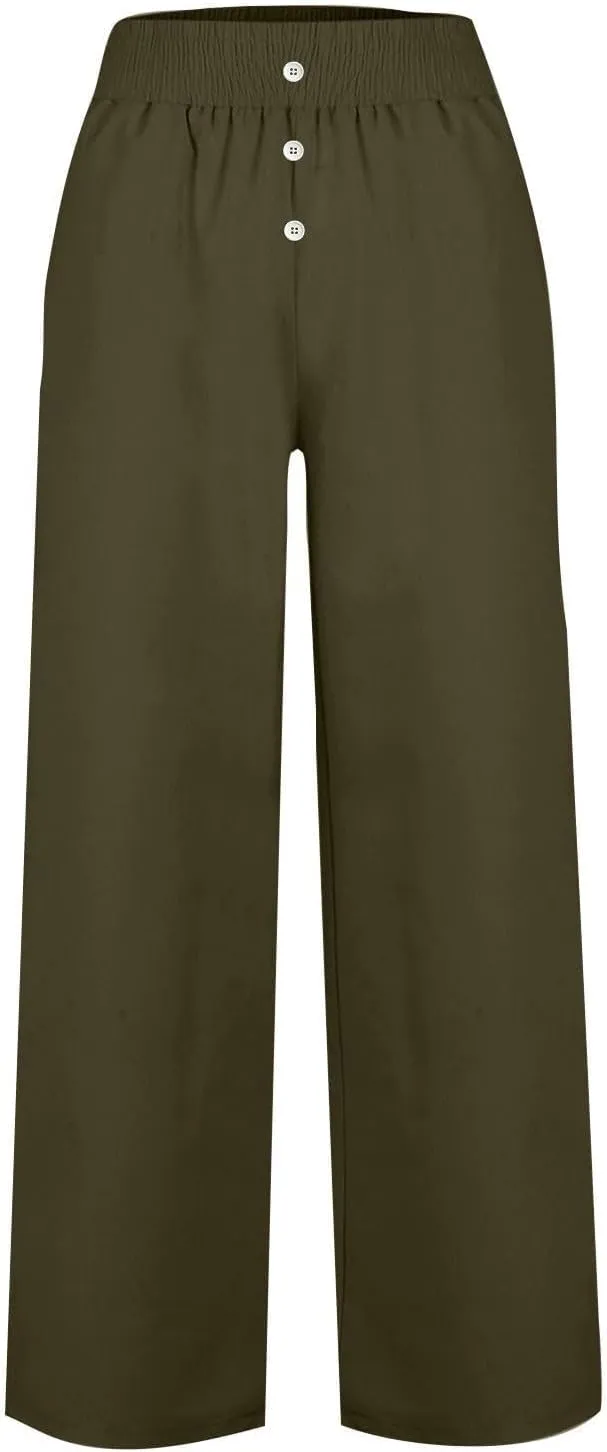 Womens Casual Loose Cotton Linen Trousers High Waisted Elastic Button Pant Wide Leg Daily Comfortable Pant