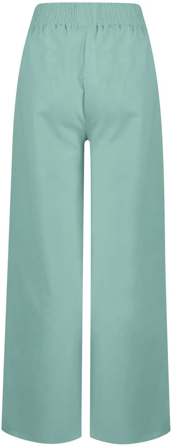 Womens Casual Loose Cotton Linen Trousers High Waisted Elastic Button Pant Wide Leg Daily Comfortable Pant