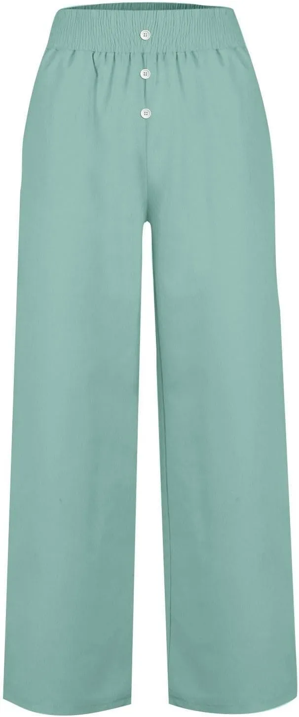 Womens Casual Loose Cotton Linen Trousers High Waisted Elastic Button Pant Wide Leg Daily Comfortable Pant