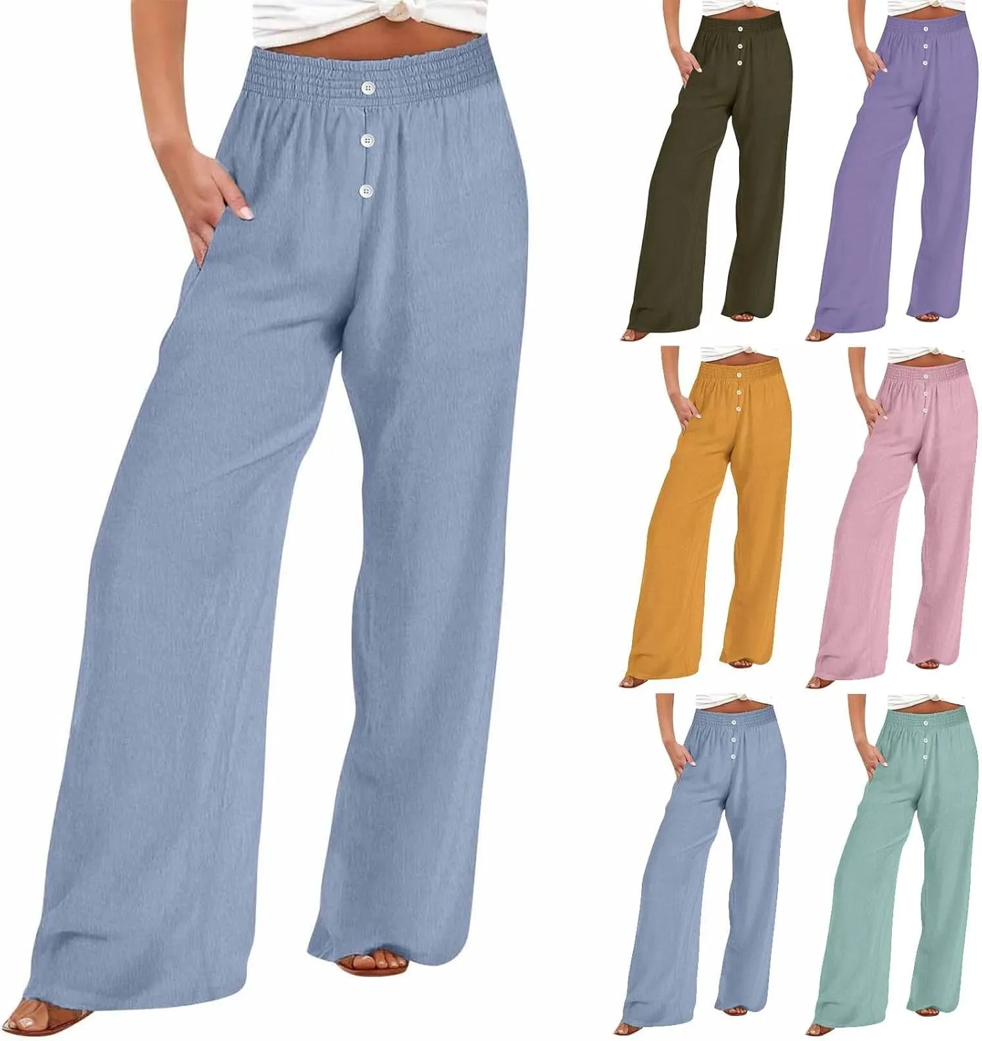 Womens Casual Loose Cotton Linen Trousers High Waisted Elastic Button Pant Wide Leg Daily Comfortable Pant