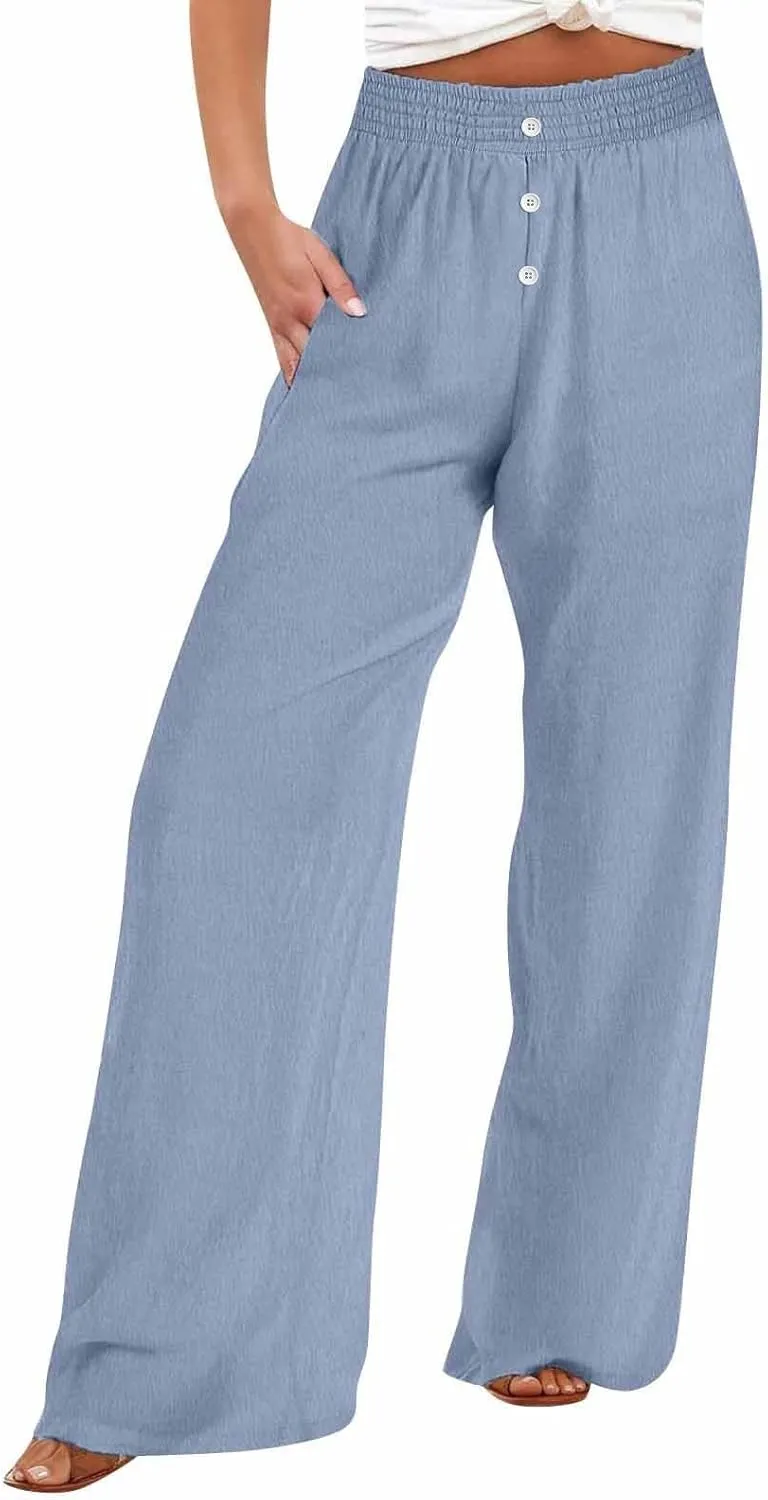 Womens Casual Loose Cotton Linen Trousers High Waisted Elastic Button Pant Wide Leg Daily Comfortable Pant