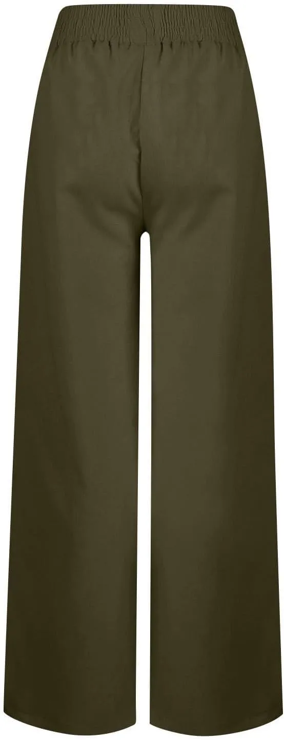 Womens Casual Loose Cotton Linen Trousers High Waisted Elastic Button Pant Wide Leg Daily Comfortable Pant