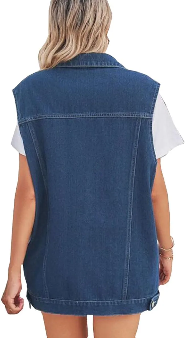 Women's Casual Loose Splicing color denim waistcoat Sleeveless Denim Vest Button Jean Jacket Coat