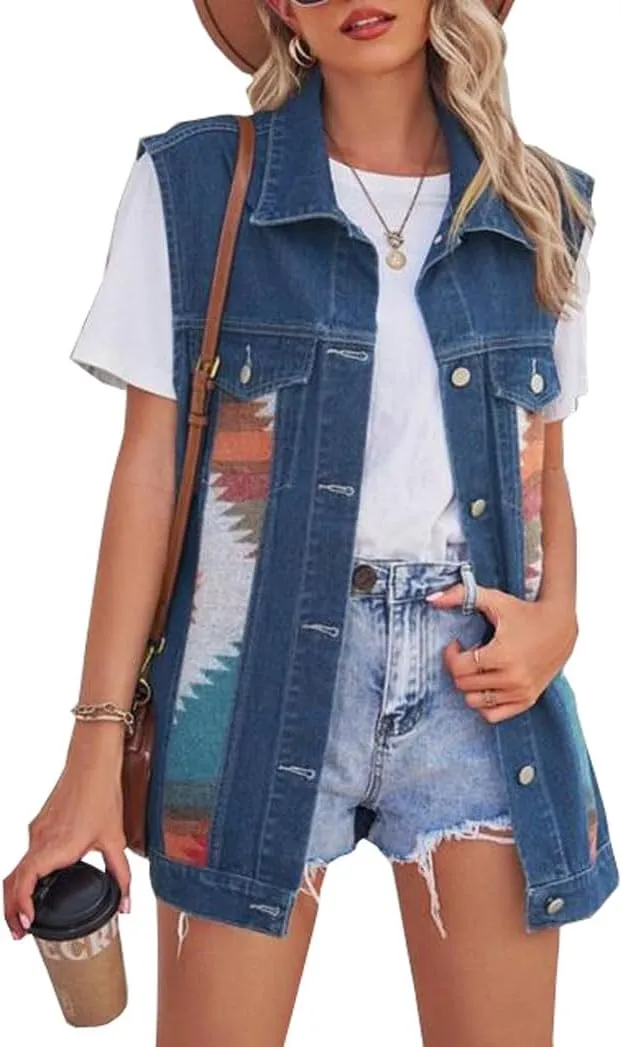 Women's Casual Loose Splicing color denim waistcoat Sleeveless Denim Vest Button Jean Jacket Coat
