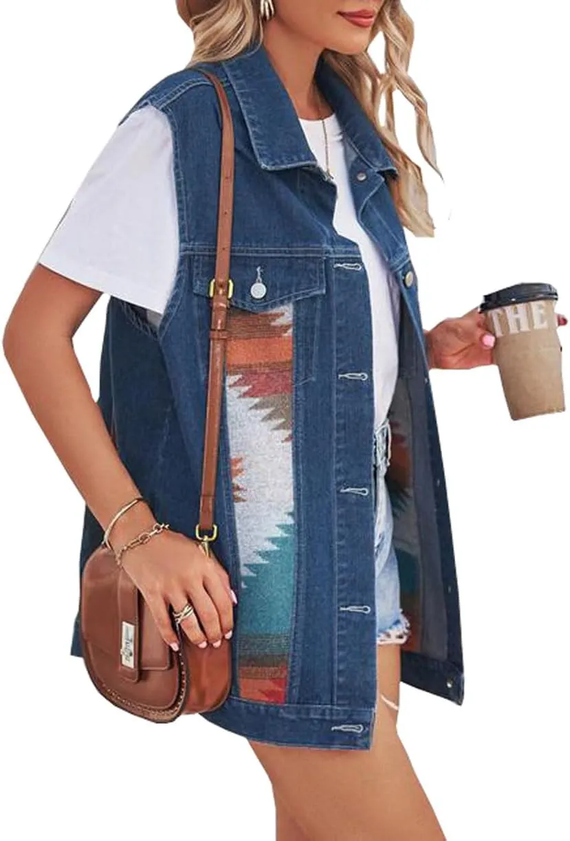 Women's Casual Loose Splicing color denim waistcoat Sleeveless Denim Vest Button Jean Jacket Coat