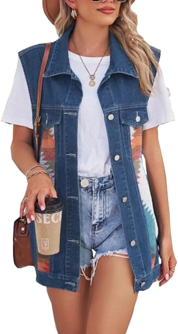 Women's Casual Loose Splicing color denim waistcoat Sleeveless Denim Vest Button Jean Jacket Coat