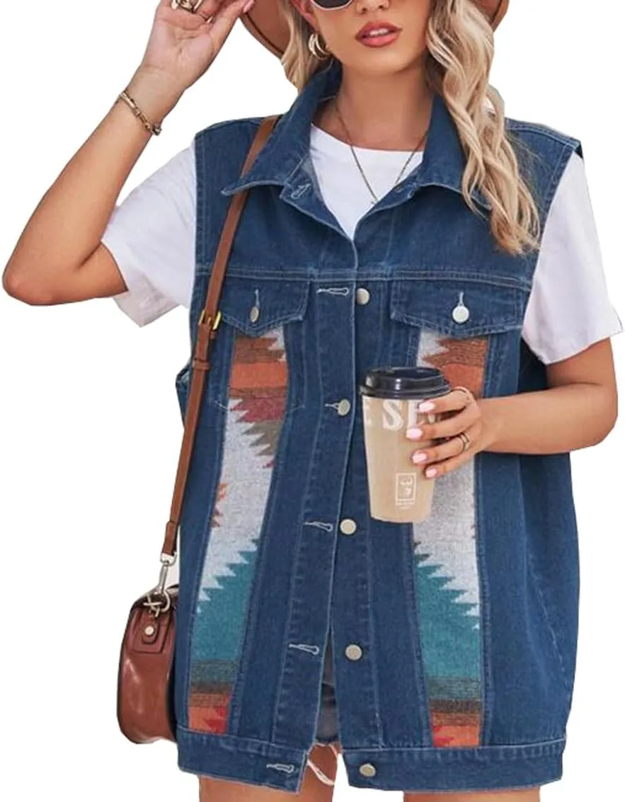 Women's Casual Loose Splicing color denim waistcoat Sleeveless Denim Vest Button Jean Jacket Coat