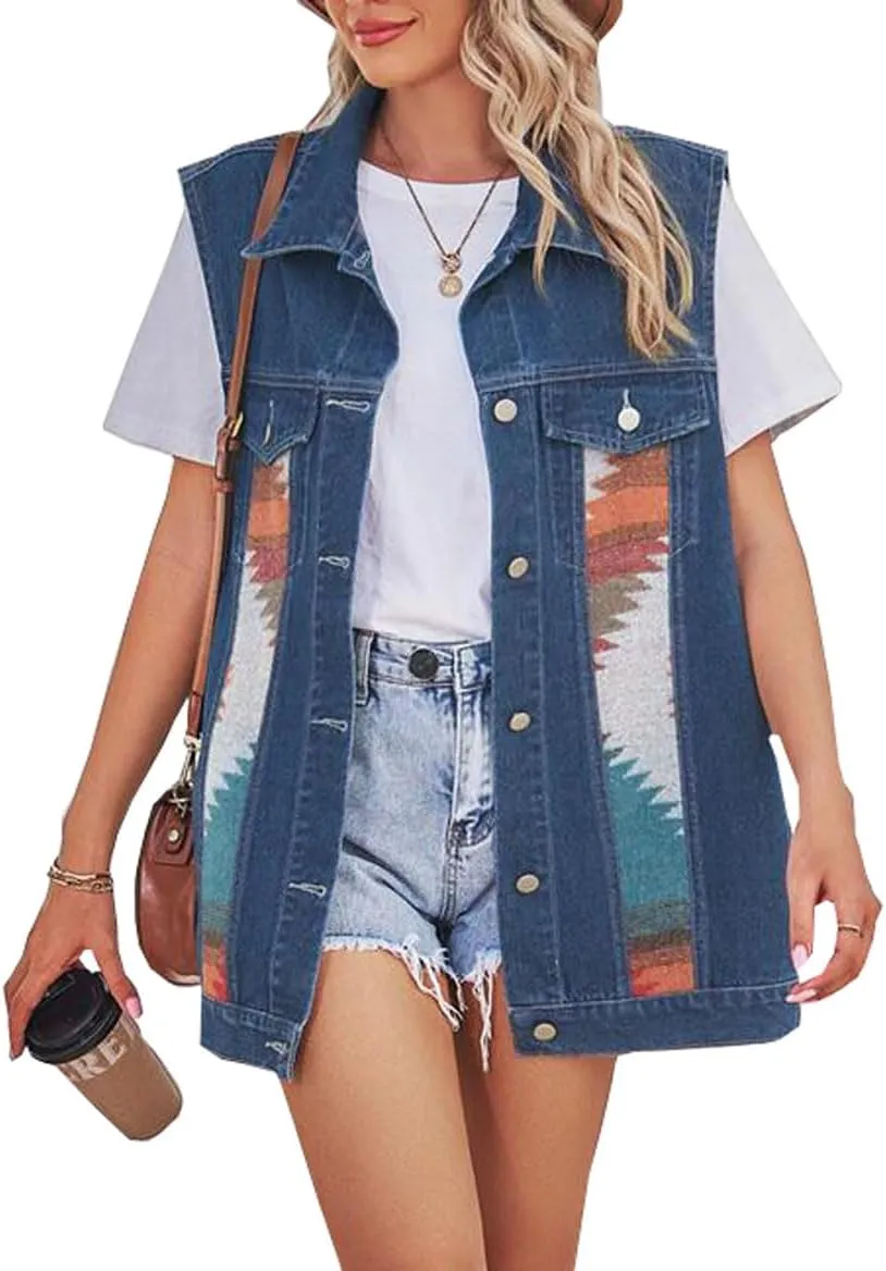 Women's Casual Loose Splicing color denim waistcoat Sleeveless Denim Vest Button Jean Jacket Coat