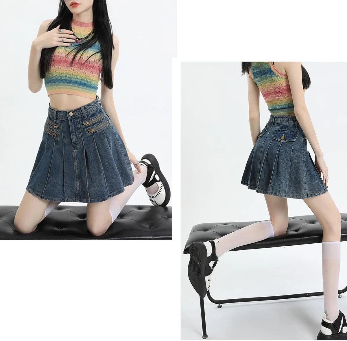 Women's Casual Ruffle Pleated Denim Skirt Women's Casual Slim A-line Pleated Ruffle Short Mini Denim Skirts