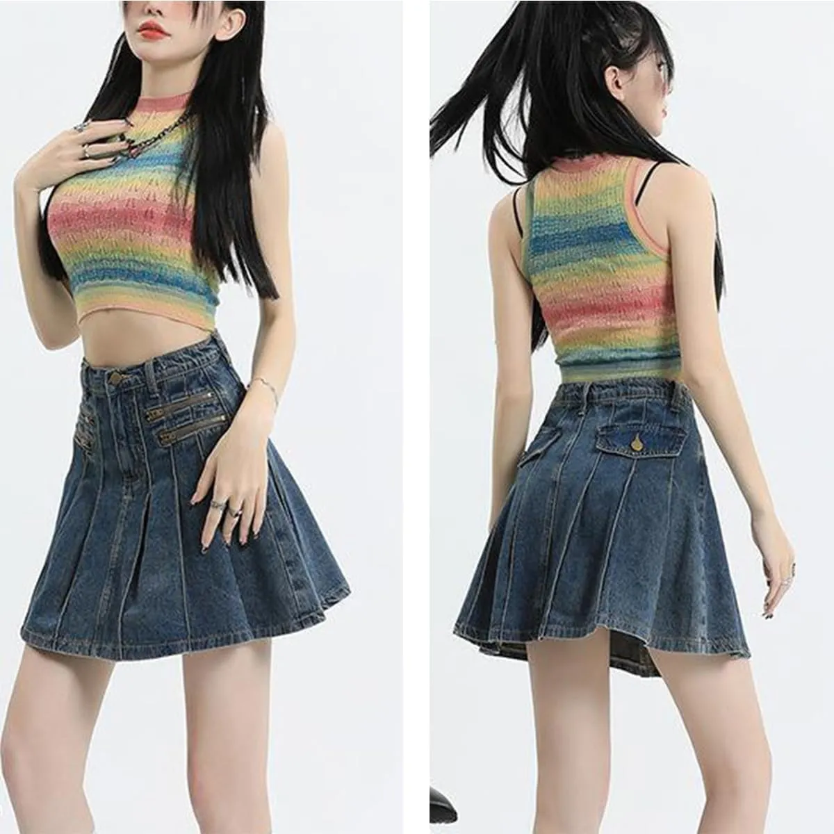 Women's Casual Ruffle Pleated Denim Skirt Women's Casual Slim A-line Pleated Ruffle Short Mini Denim Skirts