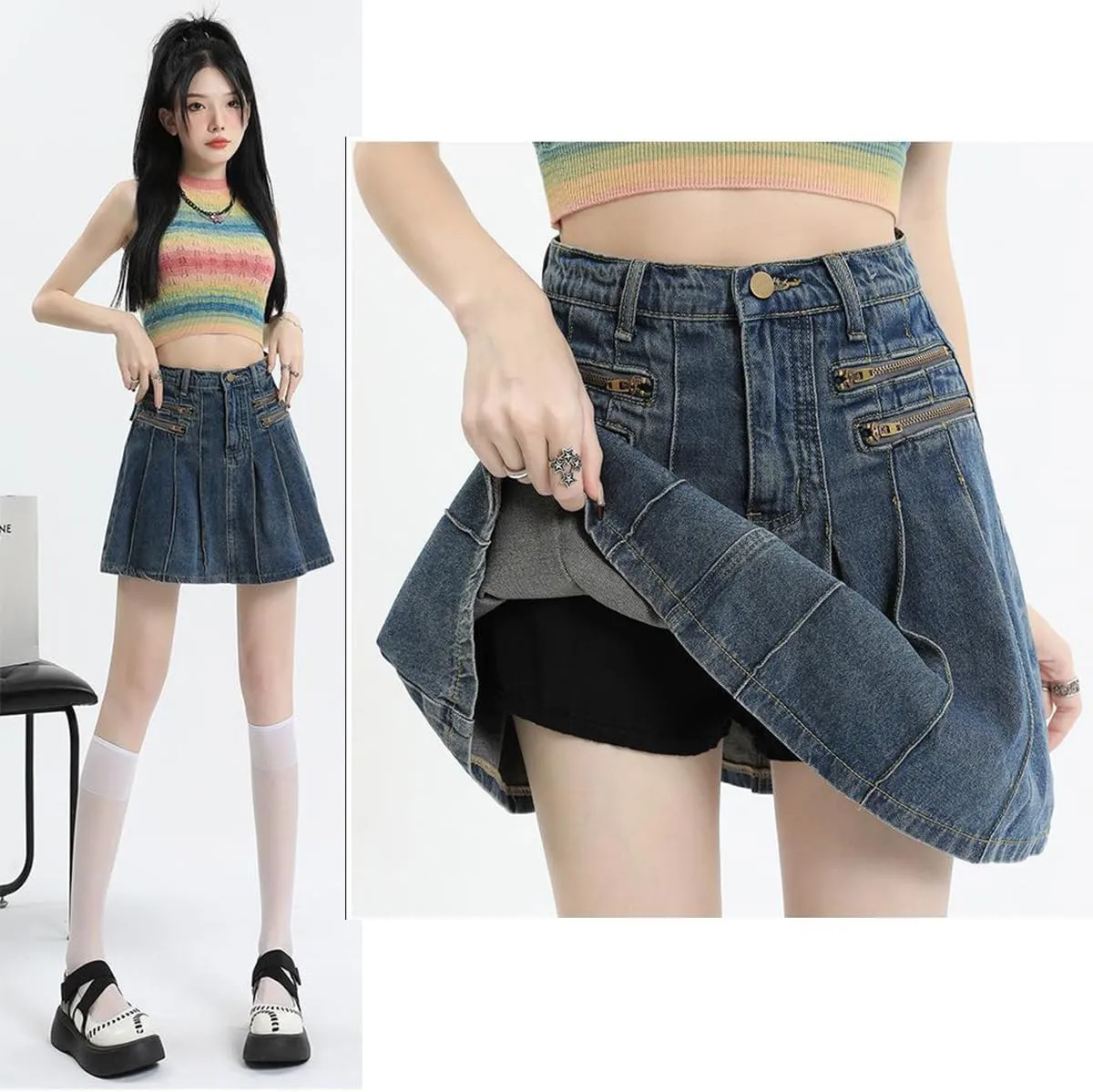 Women's Casual Ruffle Pleated Denim Skirt Women's Casual Slim A-line Pleated Ruffle Short Mini Denim Skirts